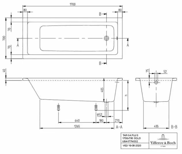 Cada dreptunghiulara, Villeroy &amp; Boch, Targa Plus Solo, 170 x 70 cm, cu set de picioare alb alpin, UBA177NES2V-01-P