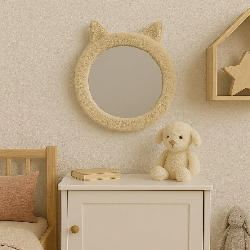 Oglindă decorativă, pentru camera copilului, model pisicuță, 31 cm, culoarea crem