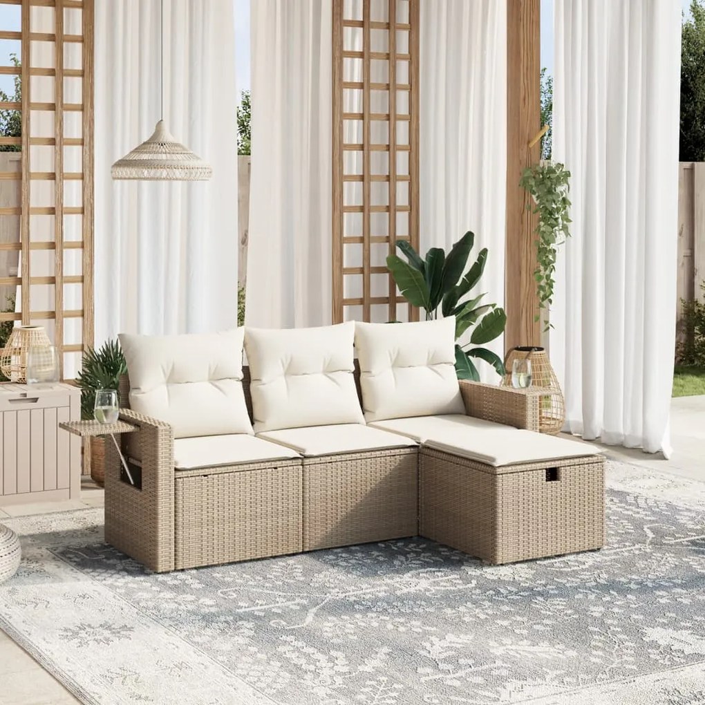 vidaXL Set canapele de grădină, 4 piese, cu perne, bej, poliratan
