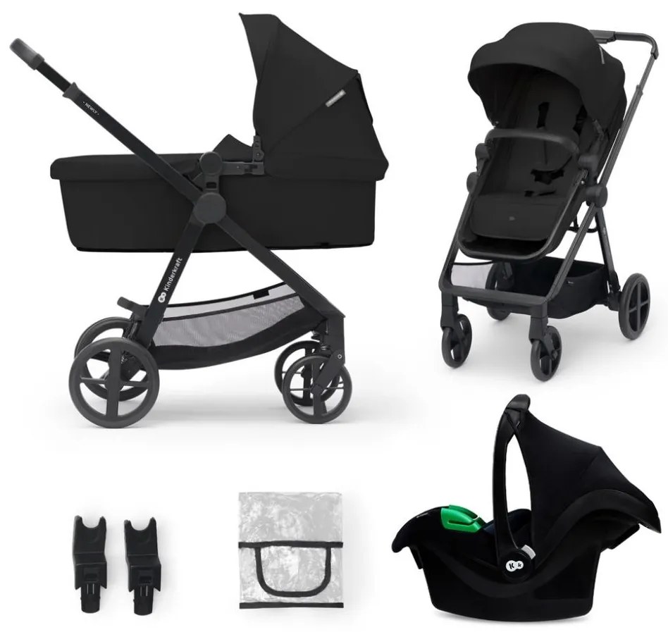 Cărucior de copii combinat 3 în 1 KINDERKRAFT NEWLY Classic black + scaun auto MINK PRO