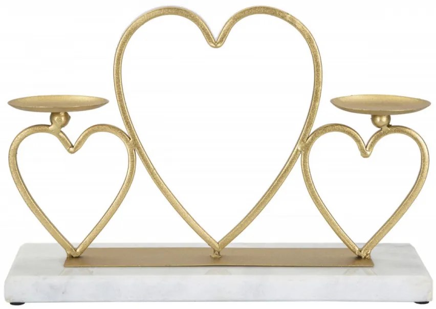 Decoratiune cu suport pentru lumanare aurie din metal si marmura, 30x9x20 cm, Hearts Mauro Ferretti