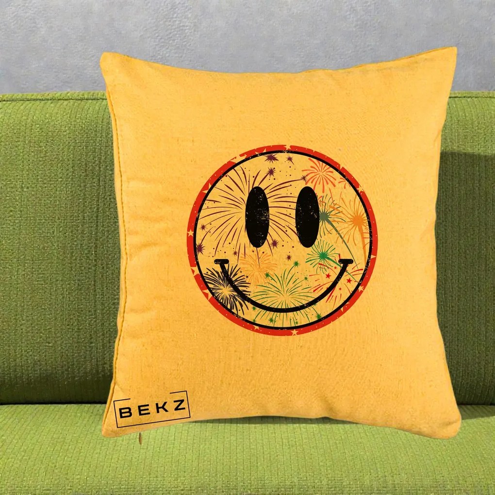 Perna decorativa Smiley Face cu Artificii Multicolore, 40x40 cm cu Umplutura, Galben, BEKZ