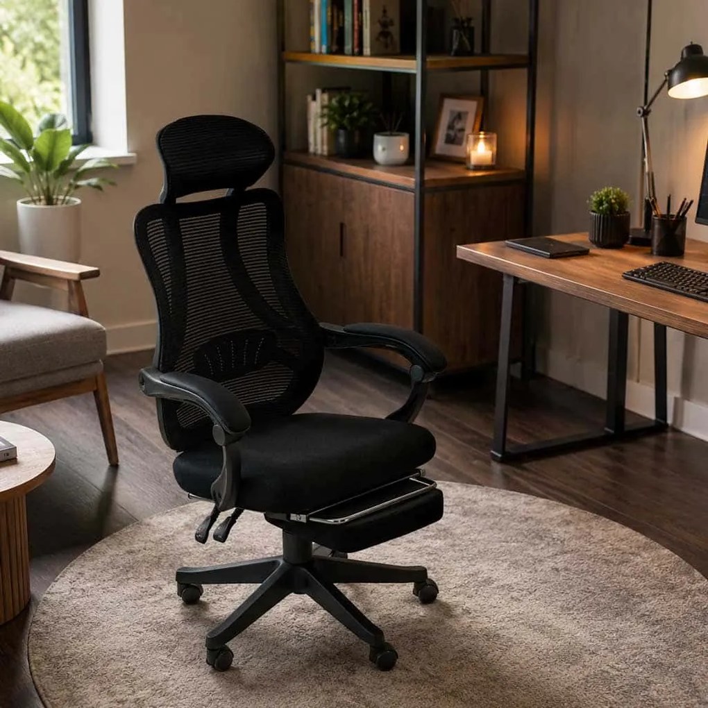 Scaun ergonomic negru OFF927 – Rabatabil, Suport Picioare, Mesh Respirabil