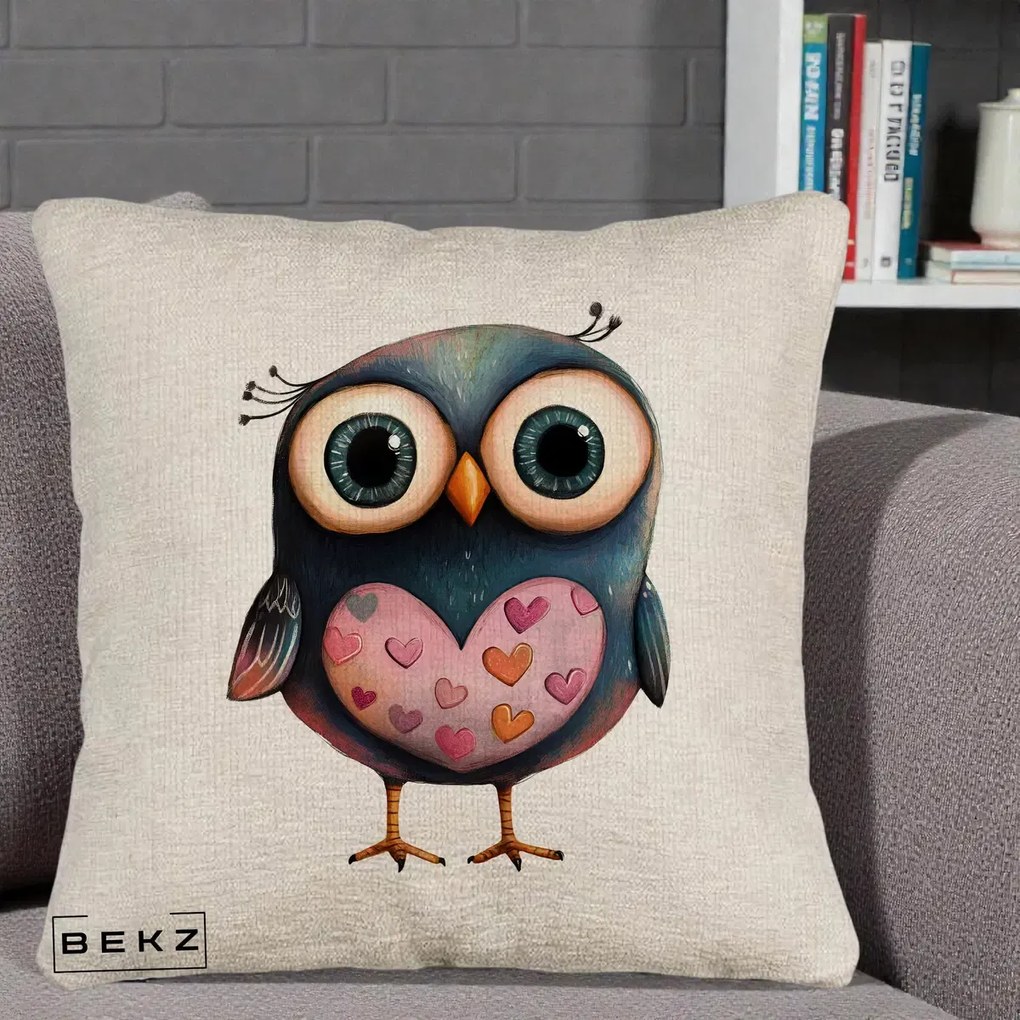 Perna Decorativa Bufnita cu Inimioare Roz, 40x40 cm, Bej Canapea, Husa Detasabila, Perna Inclusa, BEKZ®