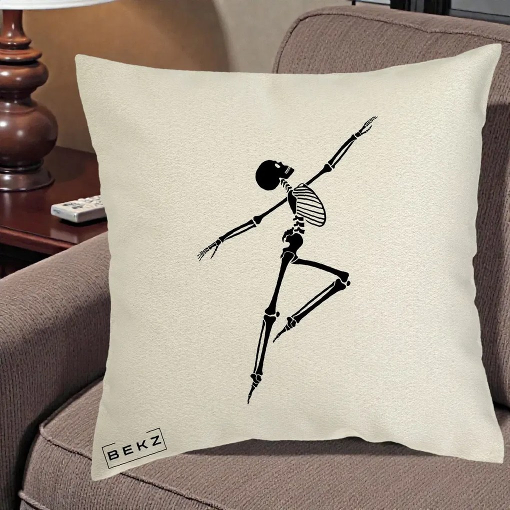 Perna Decorativa Schelet Dansator Silueta Neagra Halloween, 40x40 cm, Ecru, Husa Detasabila, Perna Inclusa, BEKZ®