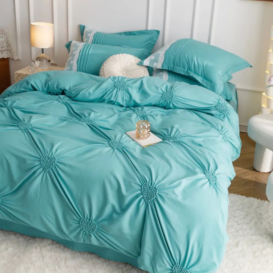 Lenjerie de pat uni cu pliuri si broderie, bumbac tip finet, 6 piese, pat 2 persoane, turquoise, FNJS-56