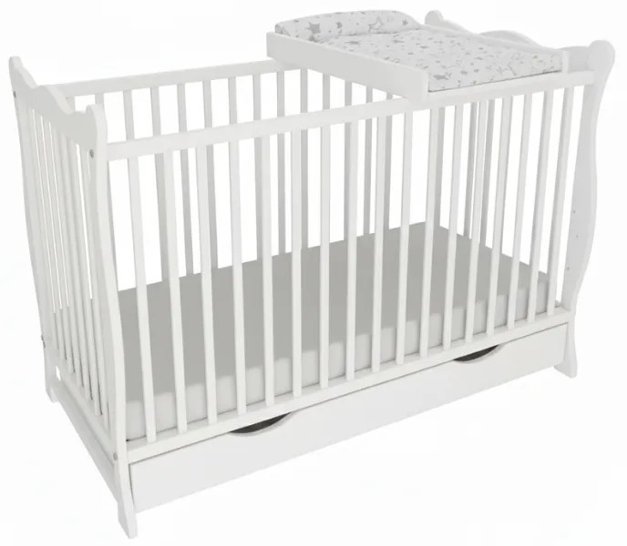 Patut din lemn masiv cu sertar si capac 120x60 cm Kidizi Isla alb, masuta infasat din lemn si salteluta incluse, reglabil pe 3 nivele, certificat EN71