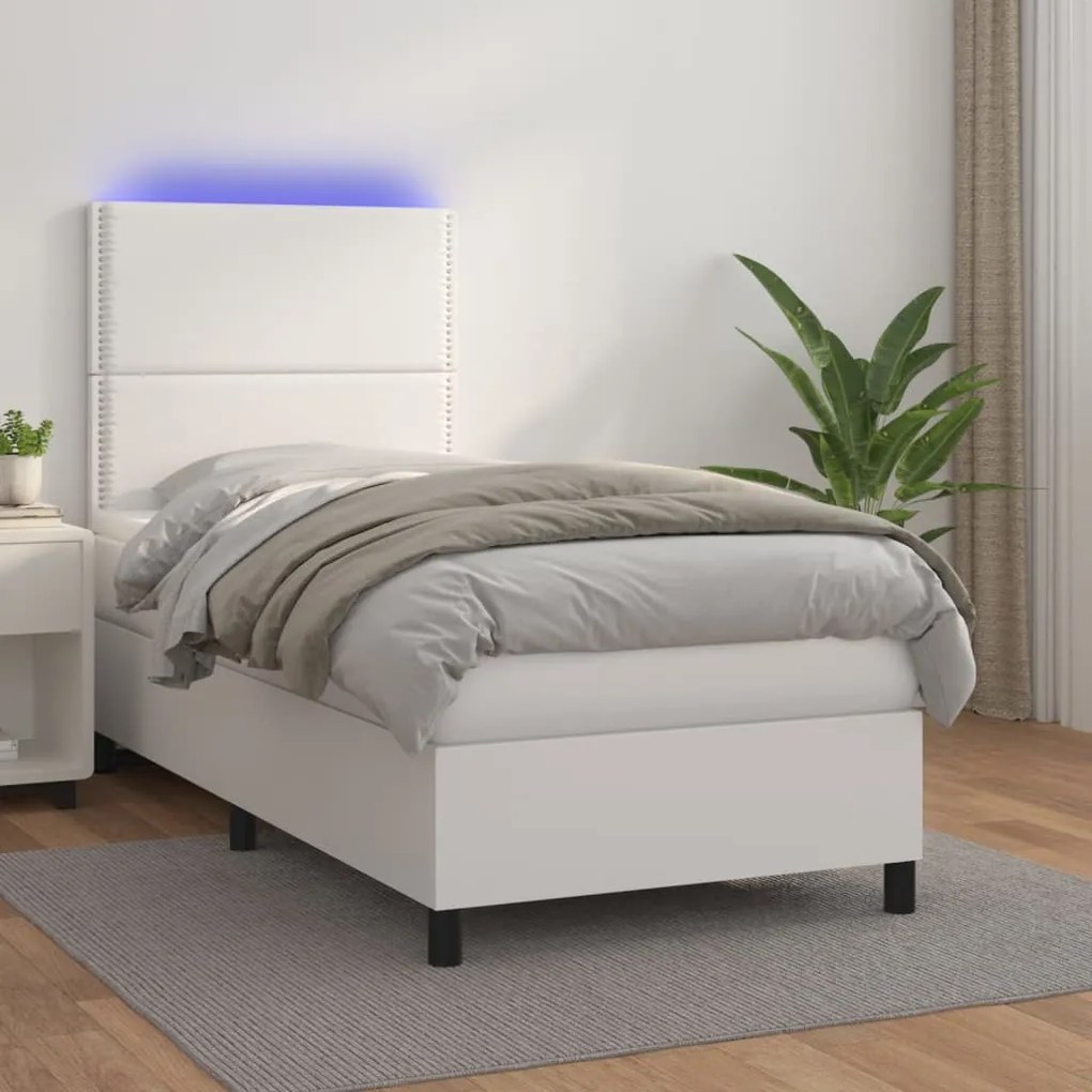 vidaXL Pat continental cu saltea &amp; LED, alb, 80x200 cm, piele eco
