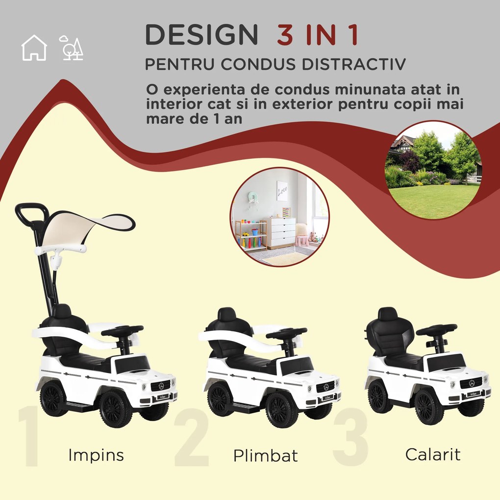 HOMCOM Mercedes Licențiat Mașină de împins pentru copii 12-36 luni, acoperiș și mâner de împins, 85.5x40.5x95 cm, alb | Aosom Romania