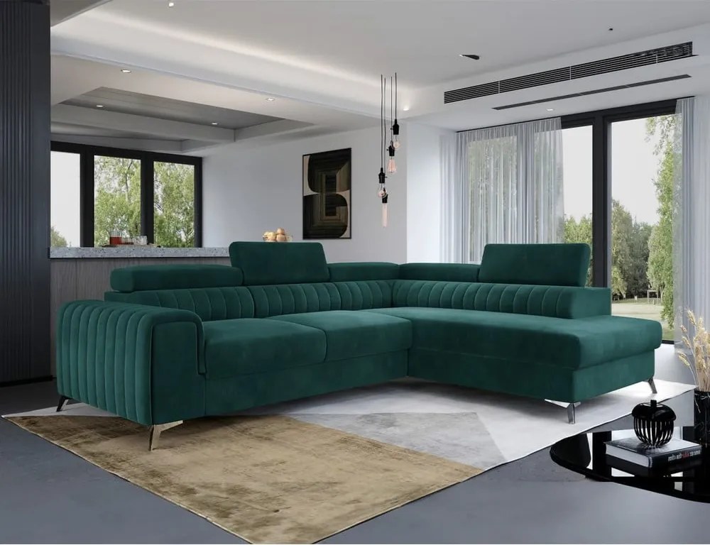 Colțar verde extensibil/cu spațiu de depozitare cu tapițerie din catifea (cu colț pe partea dreaptă/în formă de ”L”) Laurence – ELTAP