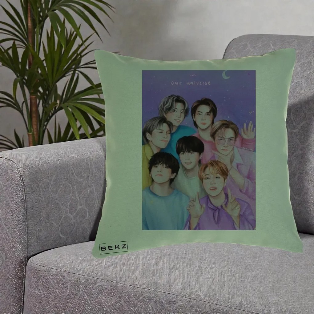 Perna Personalizata K-pop BTS Our Universe Fanart Violet Pastel, 40x40 cm, Verde, Husa Detasabila, Perna Inclusa, BEKZ®