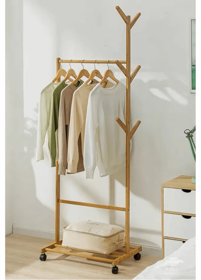 Cuier mobil din bambus Vikir Tip 1, 60 x 37 x 180cm