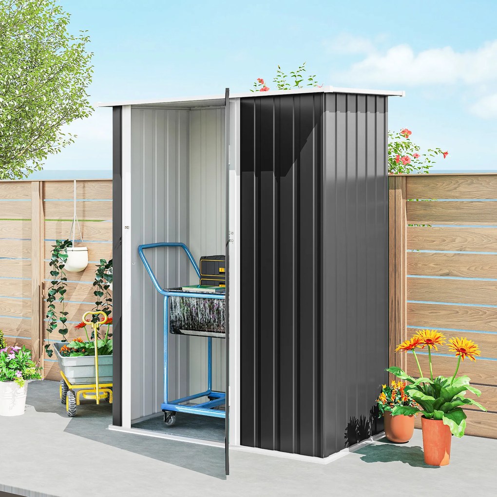 Outsunny Căsuță de Grădină 1.07m² din Oțel Zincat, Adăpost pentru Unelte cu Ușă Blocabilă, Acoperiș Înclinat, 142x86x189 cm, Gri Închis | Aosom Romania