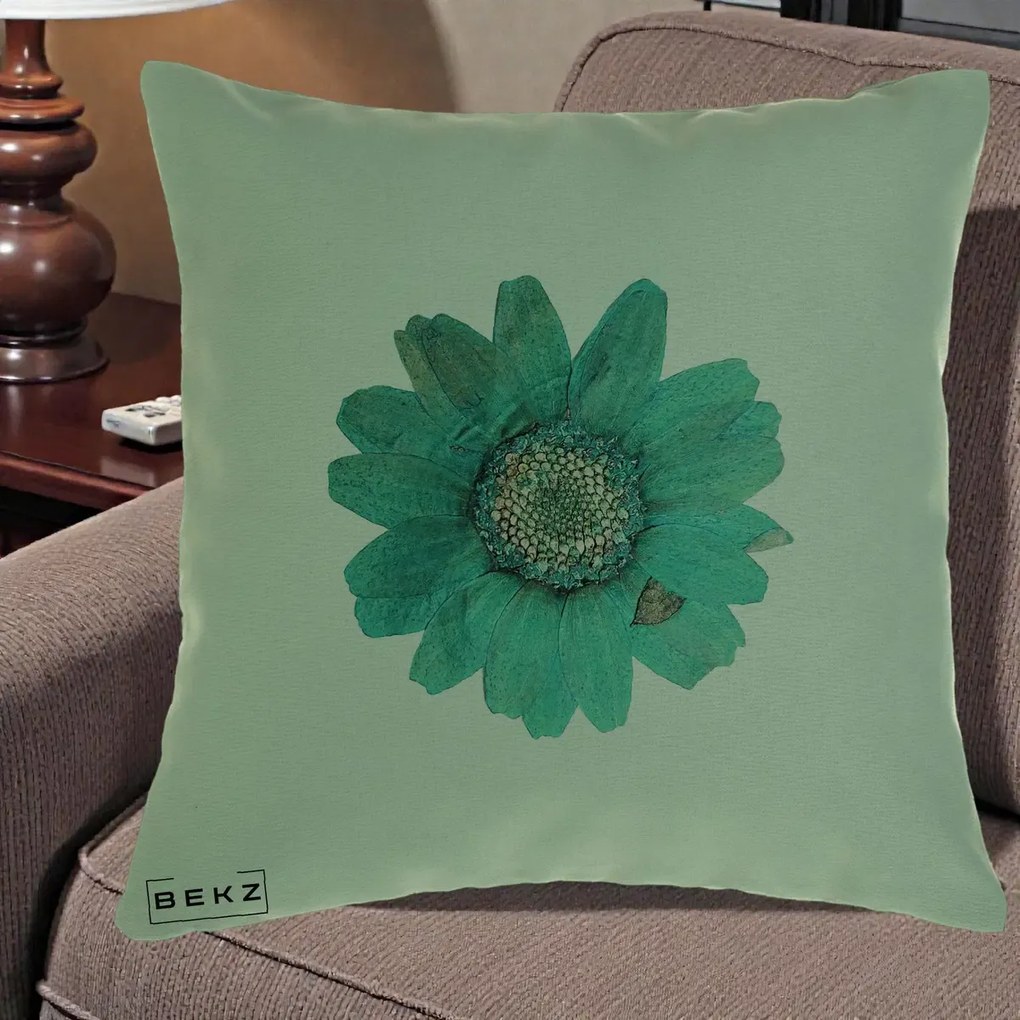 Perna Decorativa Floare Gerbera Teal Acuarela, 40x40 cm, Verde, Husa Detasabila, Perna Inclusa, BEKZ®