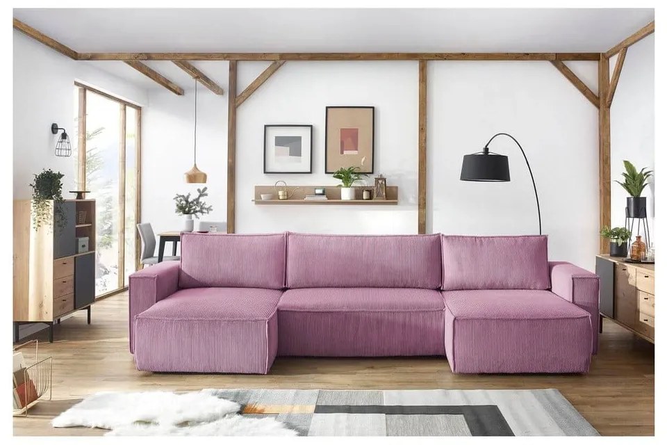 Colțar roz extensibil cu tapițerie din catifea reiată (în formă de "U") Nihad – Bobochic Paris