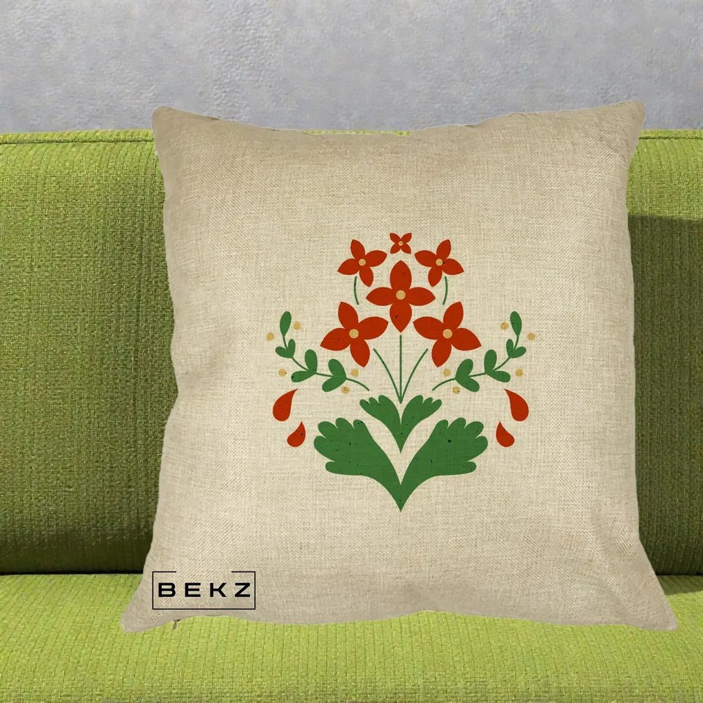 Perna Decorativa Buchet Floral Folk Rosu-Verde, 40x40 cm, Crem, Husa Detasabila, Perna Inclusa, BEKZ®