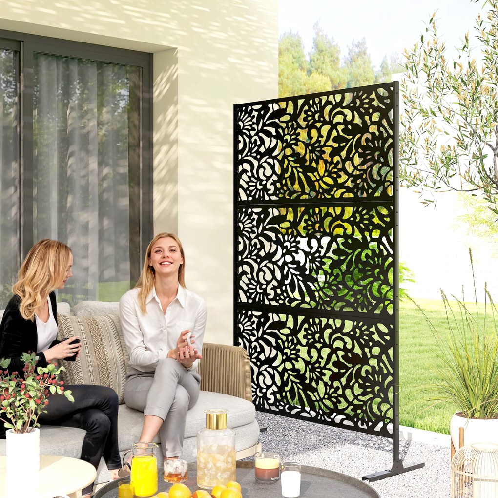 Outsunny Panou paravan decorativ exterior Claustra decorativă grădină 3 panouri cu model floral Oțel 122 x 45 x 198 cm Negru | Aosom Romania