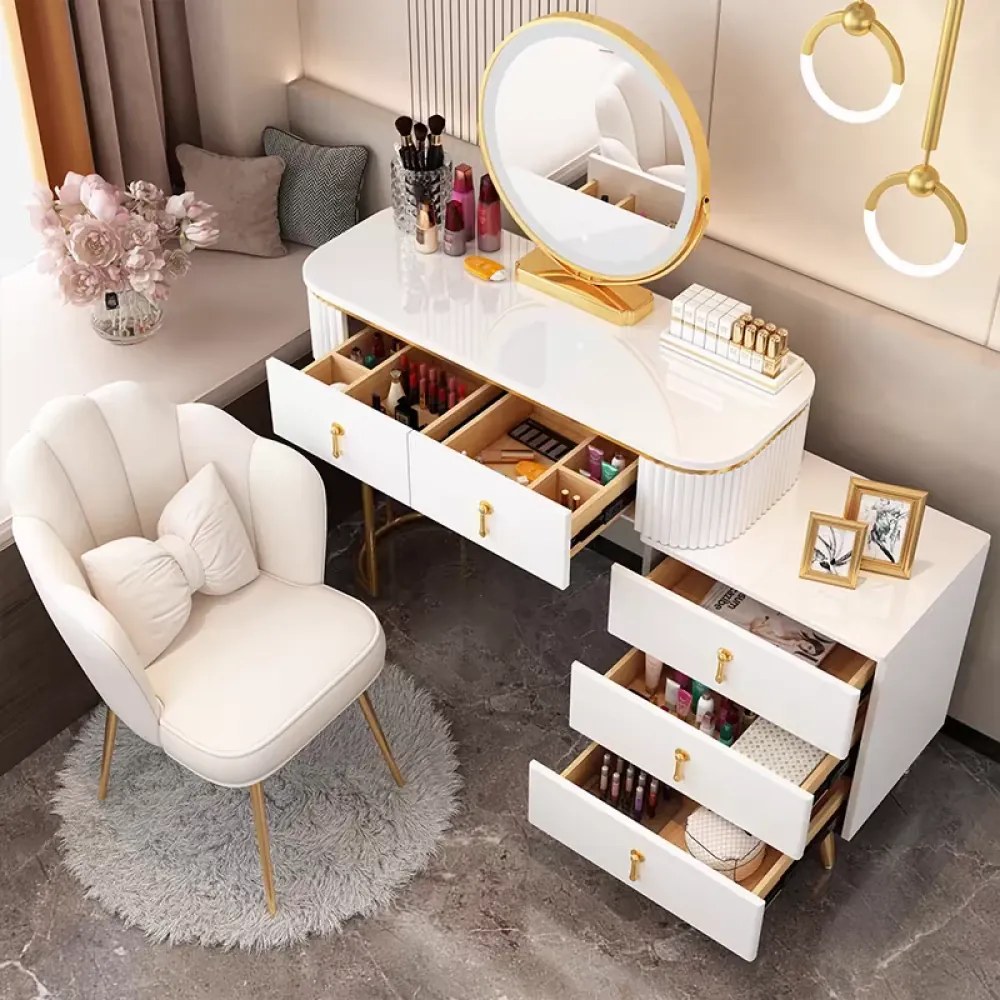 Set Erika, Masă de toaletă pentru machiaj cu oglindă iluminată LED, control touch, 5 sertare, comoda, scaun, 100x40x78 cm