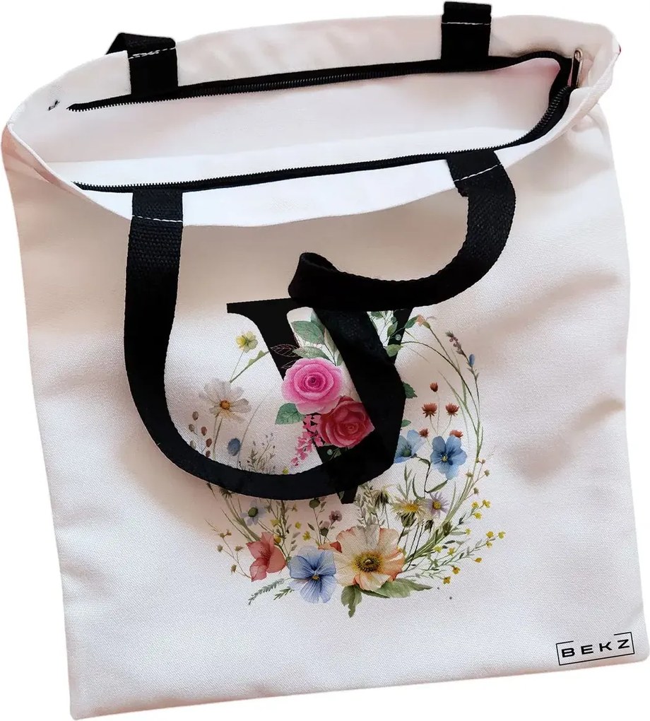 Sacosa de Panza pentru Cumparaturi, Geanta Tote, Cu litera V in Coronita Florala, Cu fermoar, 38x34.5 cm, Alba, BEKZ®