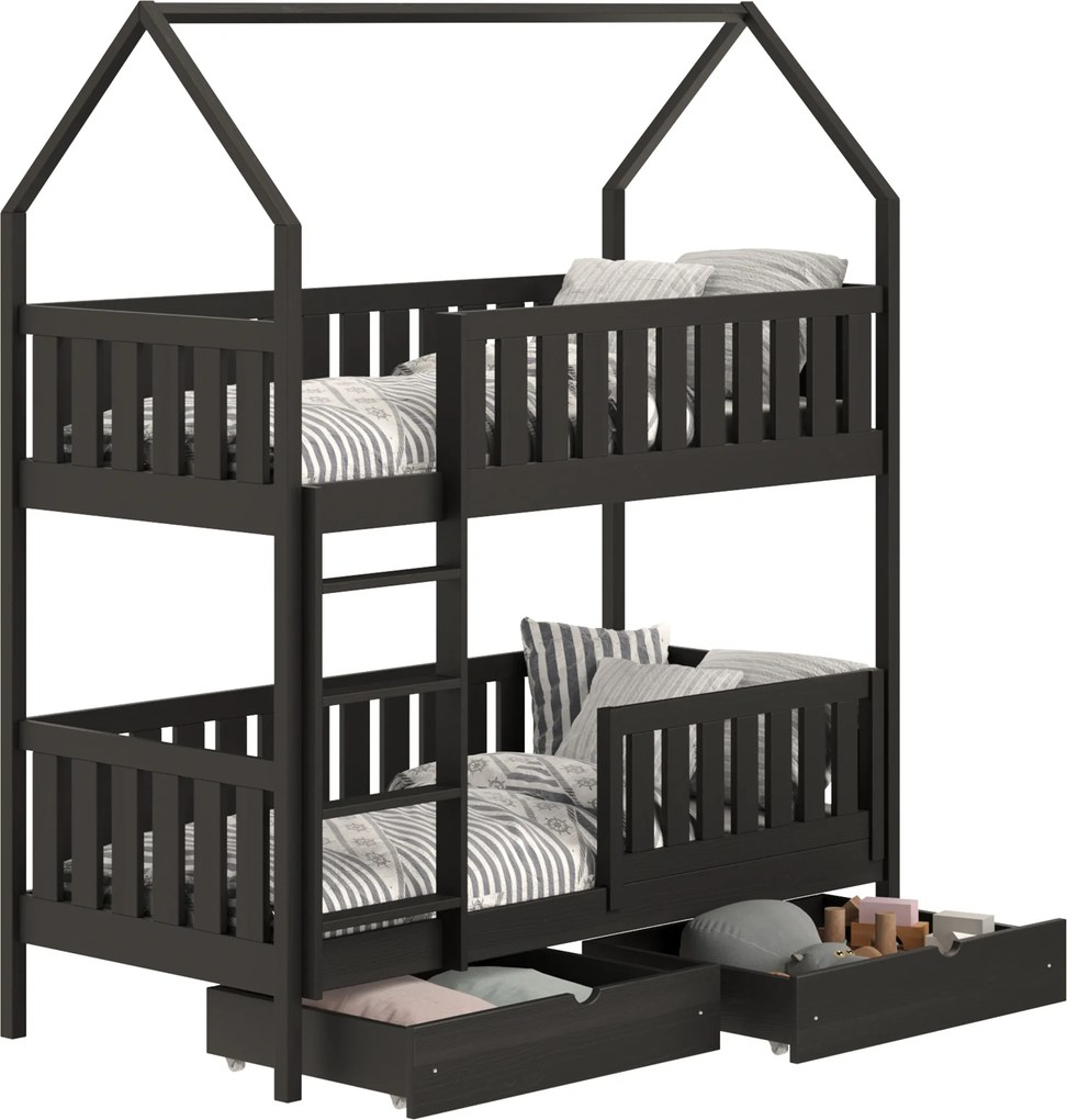 Pat Nemos pentru copii supraetajat tip căsuță – Culoare Negru, 80x180