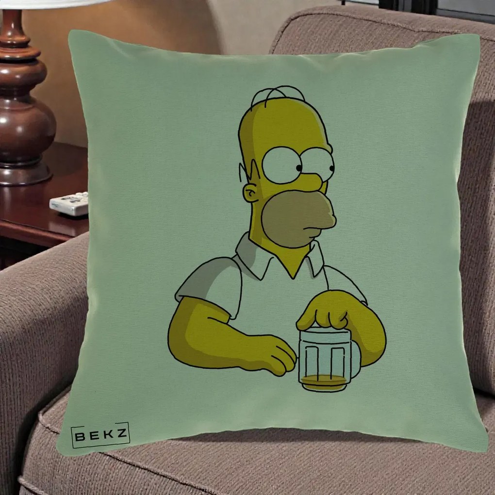 Perna Personalizata Homer Simpson cu Bere, 40x40 cm, Verde, Husa Detasabila, Perna Inclusa, BEKZ®