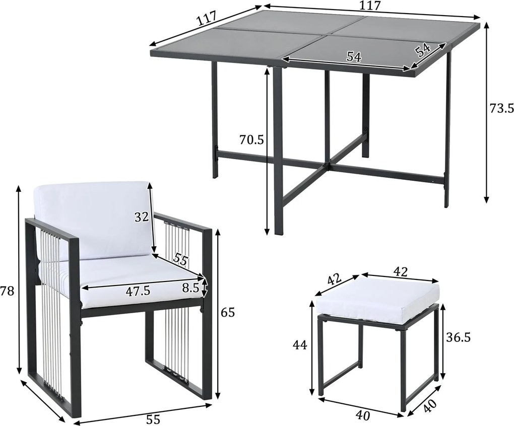 Set de grădină 7 piese pentru 6 persoane, masă din sticlă securizată, 4 scaune împletite și 2 taburete pentru picioare, Negru+Alb