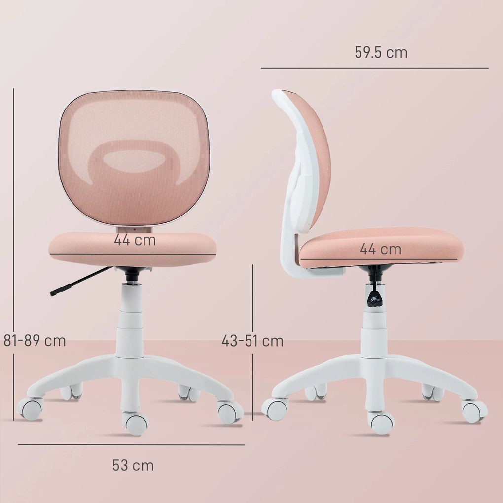 HOMCOM Scaun de Birou Ergonomic Rotativ din Material Tip Plasă Respirabil Fără Brațe, Înălțime Reglabilă, Roz | Aosom Romania