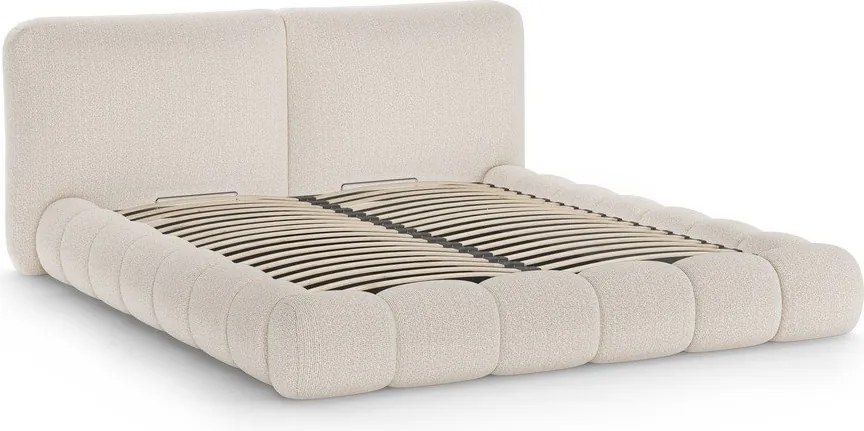 Pat matrimonial bej tapițat cu spațiu de depozitare cu somieră 180x200 cm Solange – Micadoni