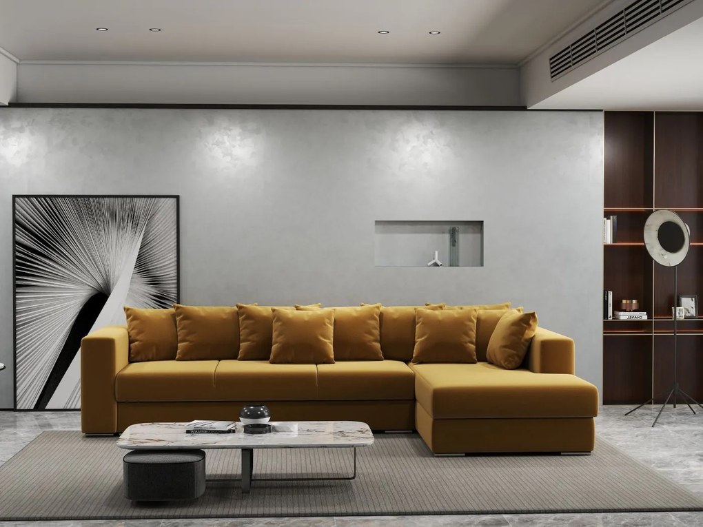 Colțar extensibil dumonde cu ladă de depozitare si sezut confortabil din spuma high-density, Gloria Royal Mustar II 320x183 cm