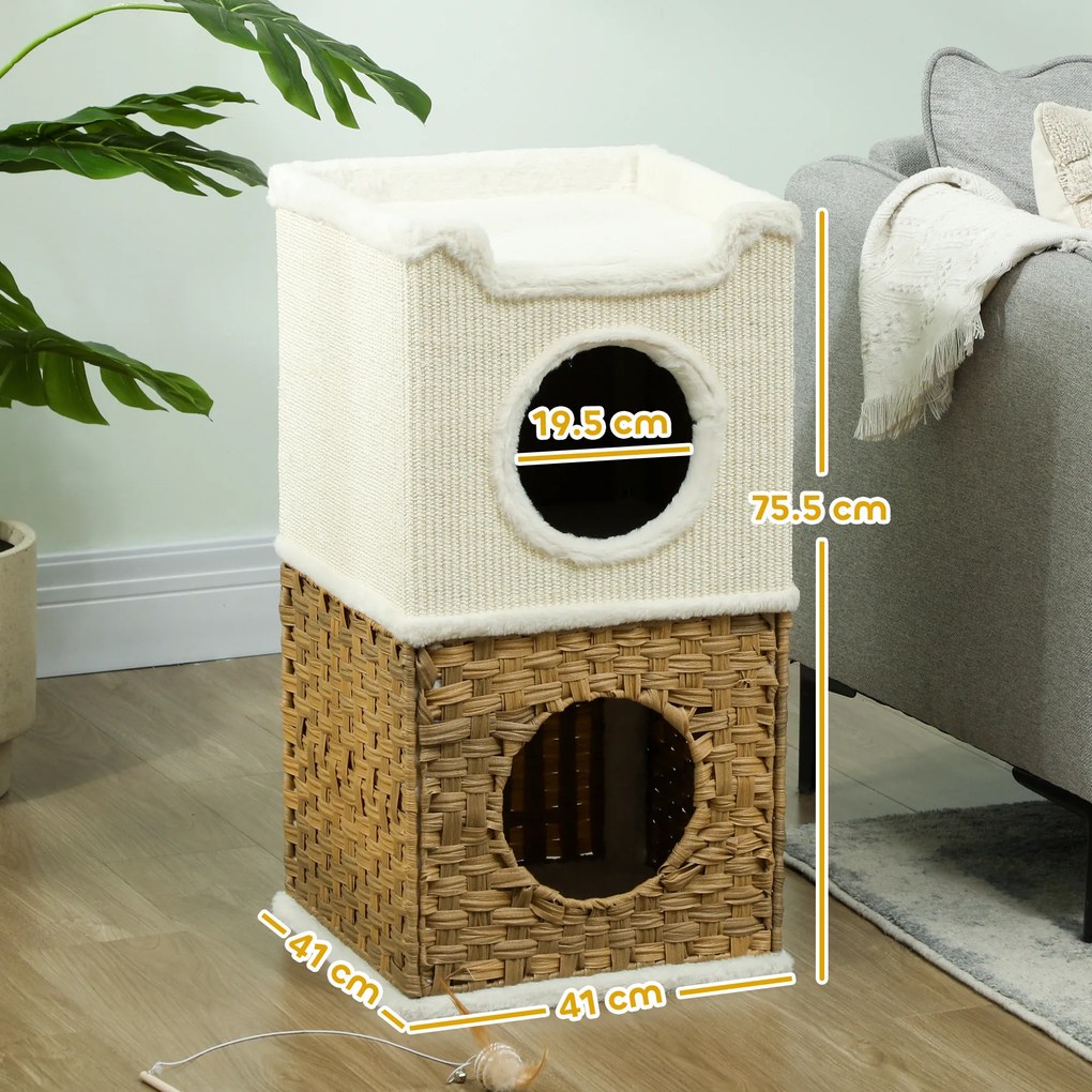 PawHut Casa pentru pisici de interior cu 3 nivele, casa pentru pisici cu zgâriere din sisal pentru zgâriere 41 x 41 x 75,5 cm, crem | Aosom Romania
