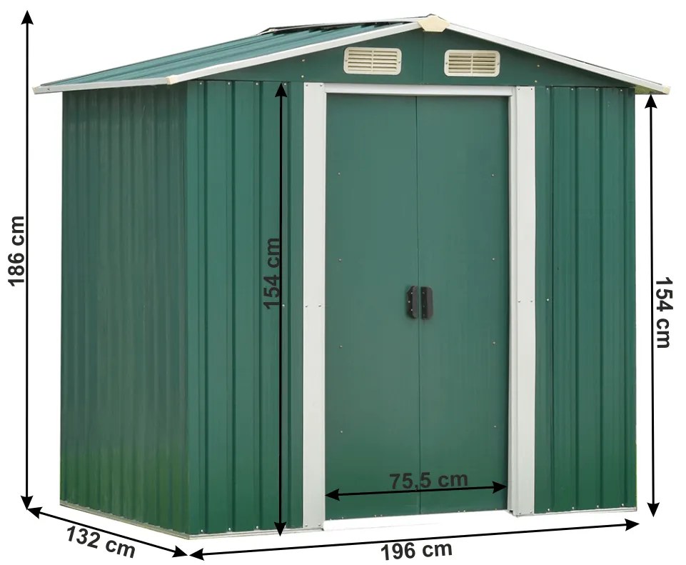 Căsuţă pentru grădină din tablă pentru scule, verde / alb, 2x1,3x1,8 m, HAMAL TIP 1