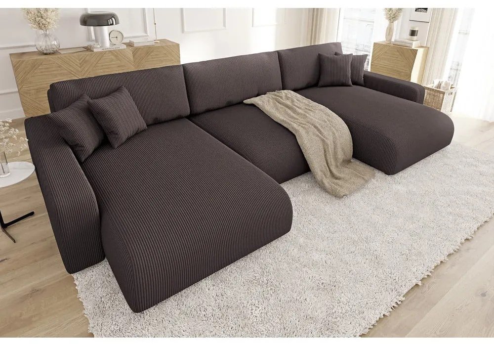 Colțar maro extensibil, cu spațiu de depozitare, cu tapițerie din catifea reiată Sara – Ropez