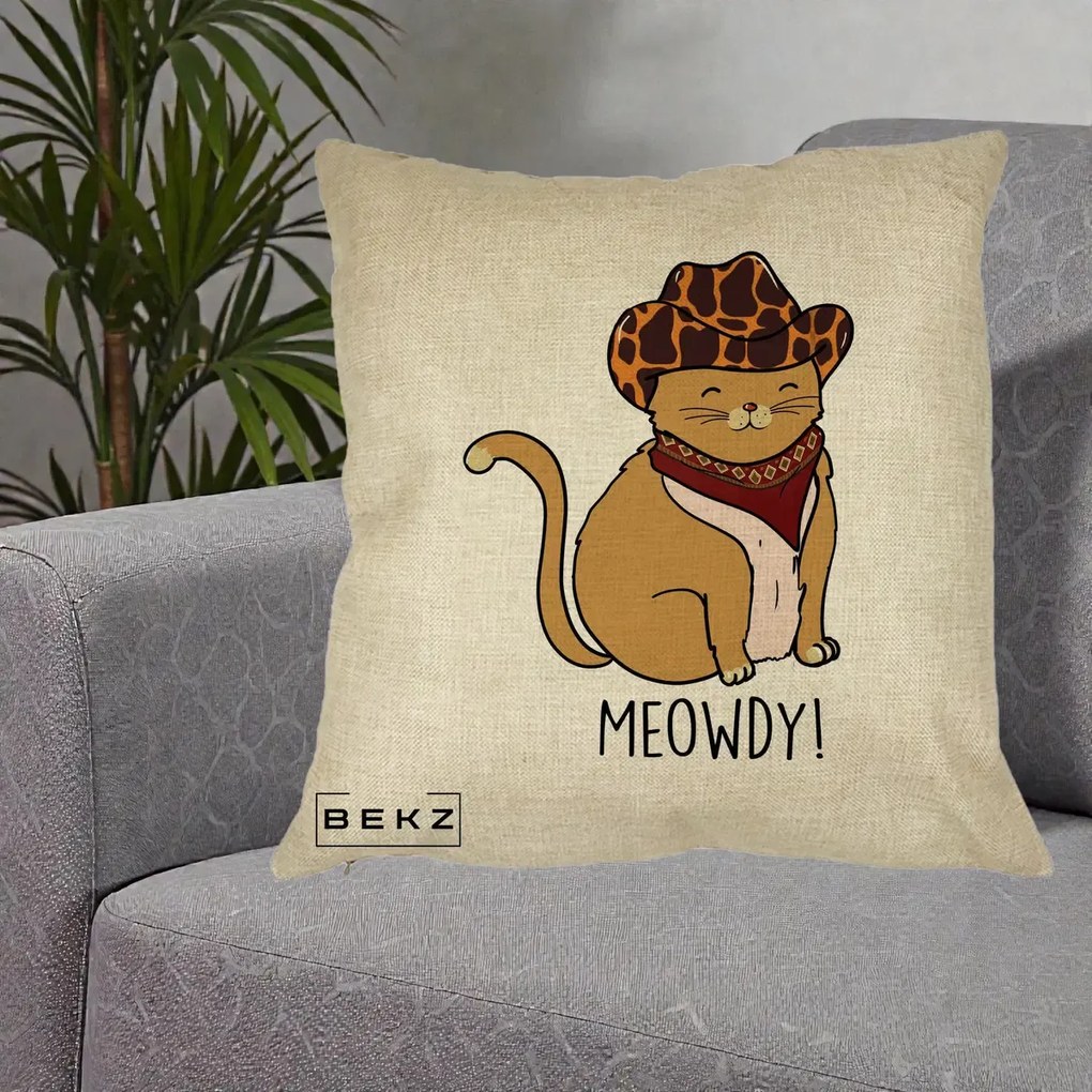 Perna Decorativa Pisica Cowboy Meowdy, 40x40 cm, Crem, Husa Detasabila, Perna Inclusa, BEKZ®