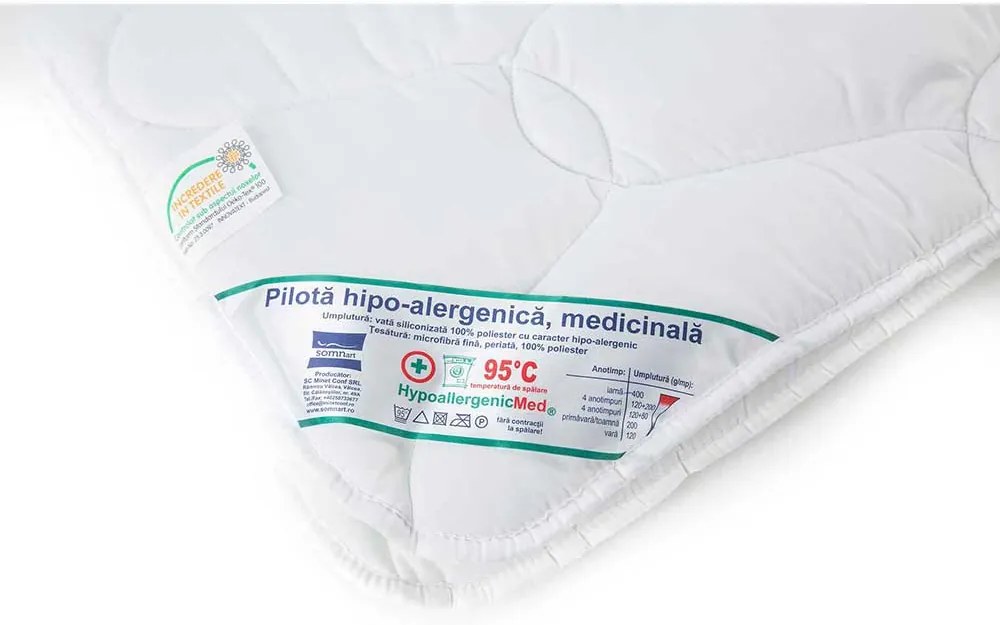 PILOTA HIPOALERGENICA, MEDICINALA, 400 G/MP, 150X200 CM, ANOTIMP IARNA, MATERIAL HUSA MICROFIBRA, UMPLUTURA POLIESTER, ALB