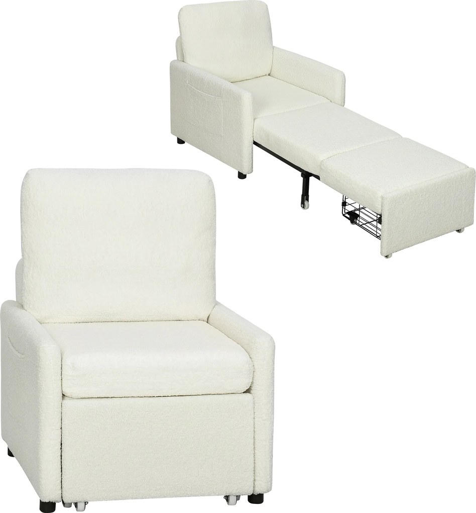 HOMCOM Fotoliu convertibil 1 loc, fotoliu-pat cu depozitare ascunsă, șezut larg și căptușit, 72 x 85,5 x 91 cm, crem | Aosom Romania