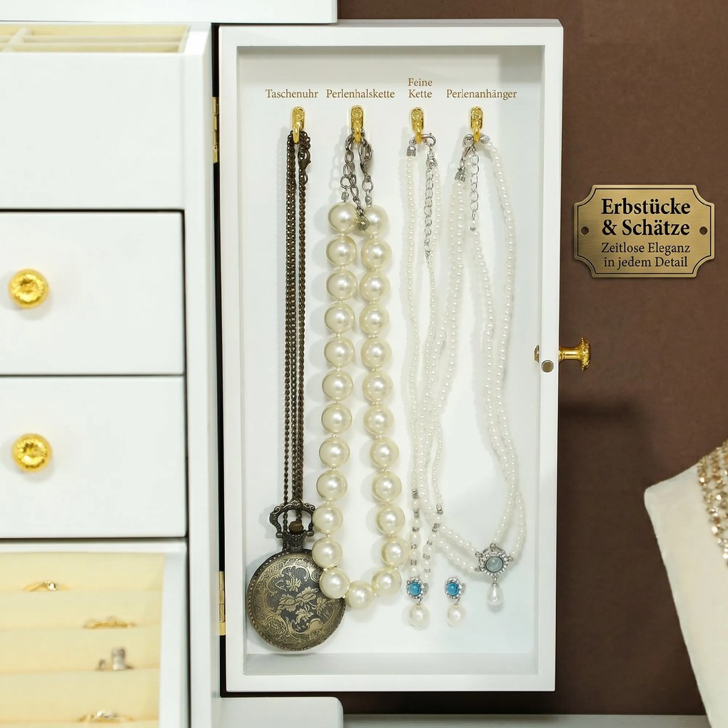 HOMCOM Cutie de bijuterii pentru femei cu 4 nivele, cutie din lemn cu aripi, oglindă și 2 sertare, 26,5x16 x33,5 cm, Alb | Aosom Romania