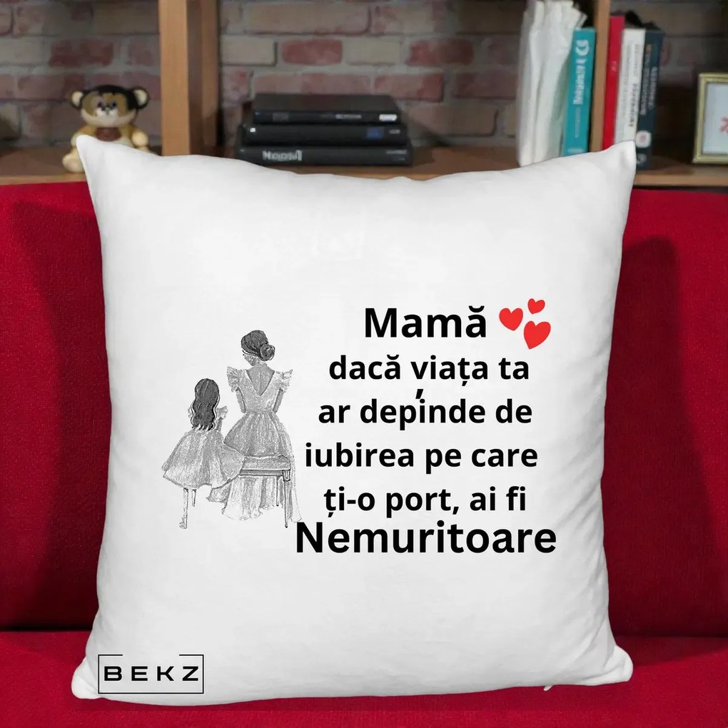 Cadou pentru Mama - Perna Personalizata Mama Nemuritoare Line Art, 40x40 cm, Alb Pufos, Husa Detasabila, Perna Inclusa, BEKZ®