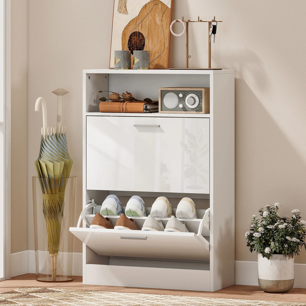 HOMCOM Dulap pentru încălțăminte 8 perechi, dulap, 2 sertare rabatabile, rafturi reglabile și compartiment, alb | Aosom Romania