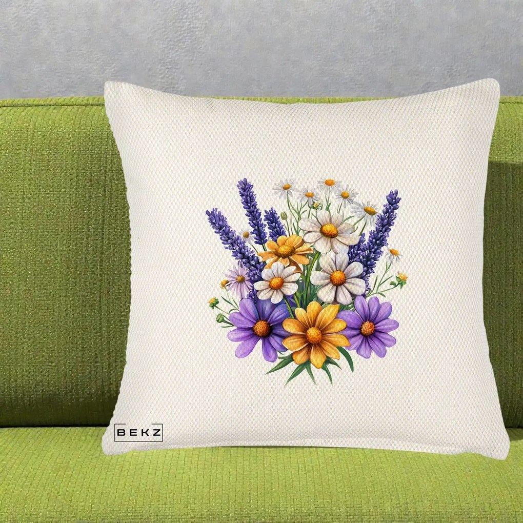 Perna Decorativa Lavanda Musetel si Flori Mov, 40x40 cm, Crem Reliefat, Husa Detasabila, Perna Inclusa, BEKZ®