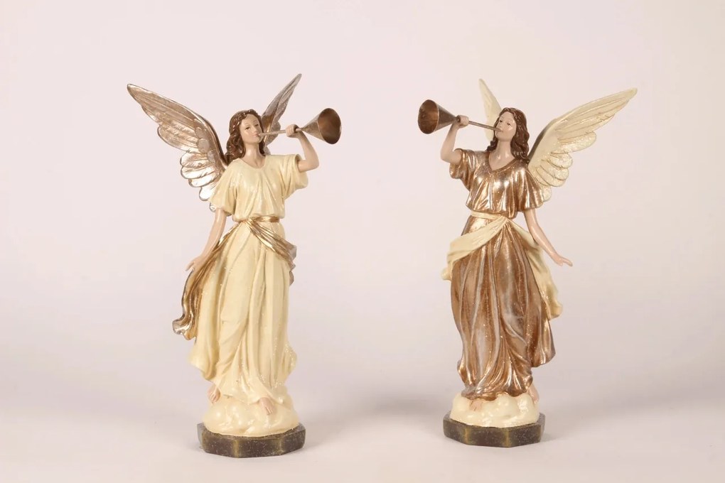 Statuetă decorativă din polirășină, crem, înger, detalii aurii, 41 x 21 x 17 cm, „Uriel”