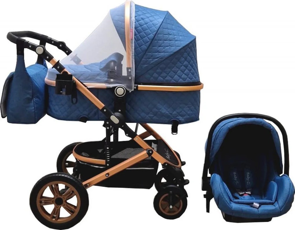 Carucior nou nascuti 3 in 1 Baby Care™ PRO 530, Cu geanta bebe, Cadru Aluminiu , Amortizoare, Roti din cauciuc plin AVE, Landou, Scoica auto, Spatar