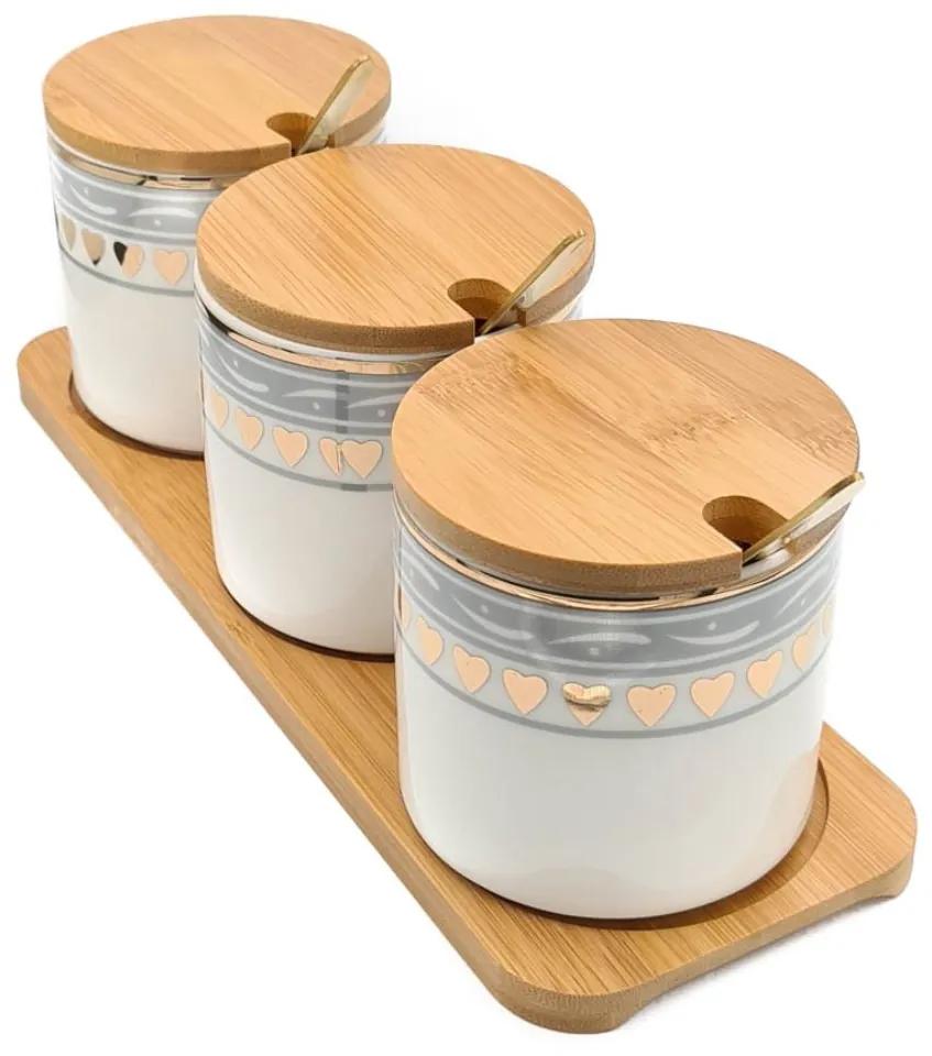Set pentru Condimente 3 recipiente  ceramice cu lingurite si tava din Bambus