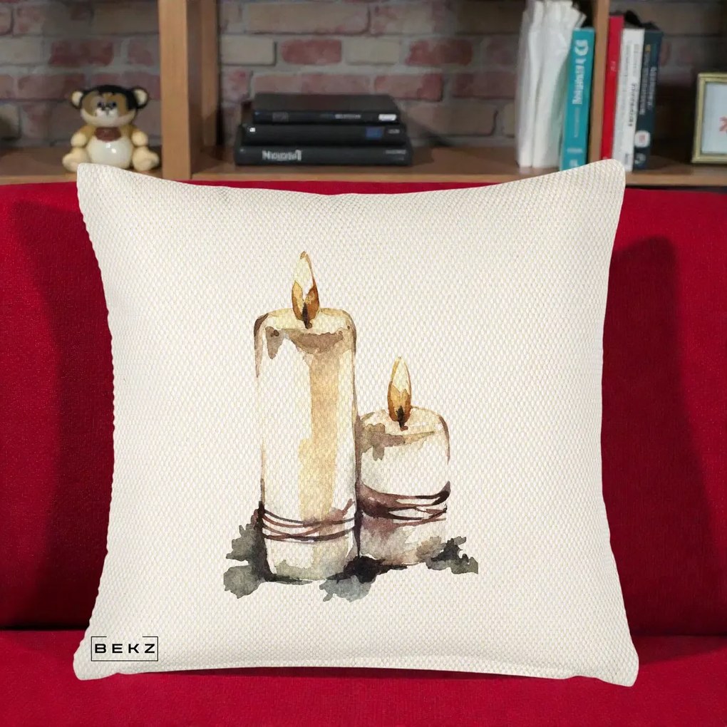 Perna Decorativa Lumanari Acuarela Iarna, 40x40 cm, Crem Reliefat, Husa Detasabila, Perna Inclusa, BEKZ®