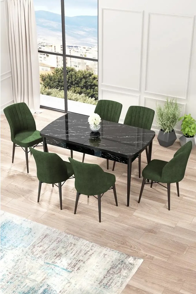 Set masa extensibila cu 6 scaune tapitate Homs cargold 250-30050 ALB-VERDE,170 x 80 cm