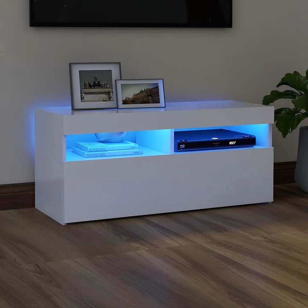 vidaXL Comodă TV cu lumini LED, alb, 90x35x40 cm