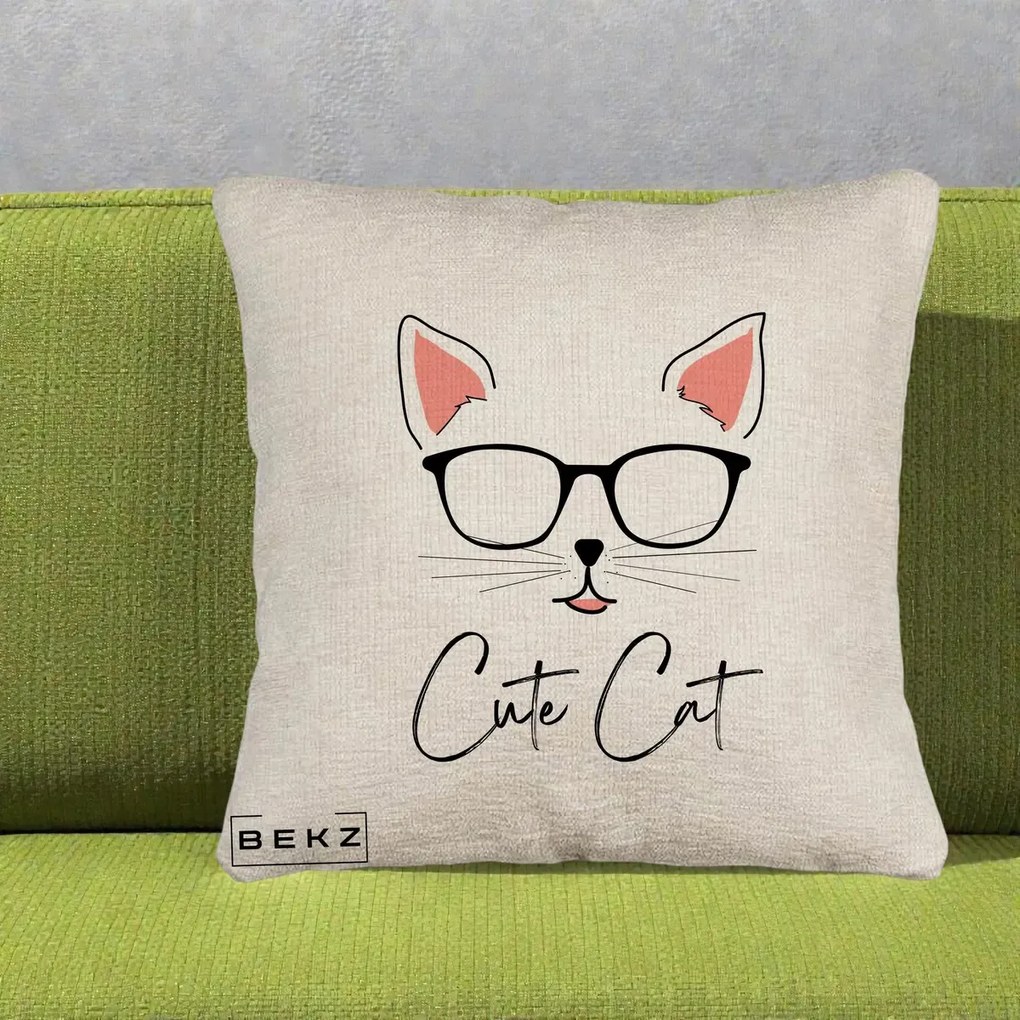 Perna Personalizata Cute Cat cu Ochelari, 40x40 cm, Bej Canapea, Husa Detasabila, Perna Inclusa, BEKZ®