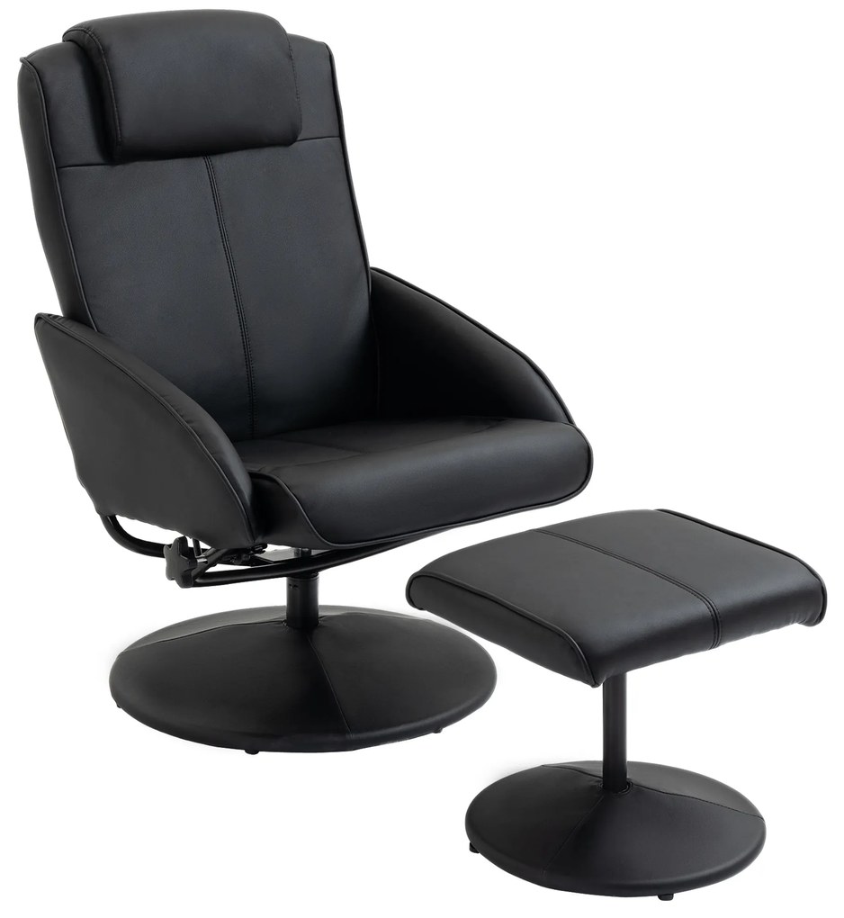HOMCOM Fotoliu reclinabil de relaxare cu otoman pentru picioare si tapiterie din piele artificiala, 71x78x101cm, negru | Aosom Romania