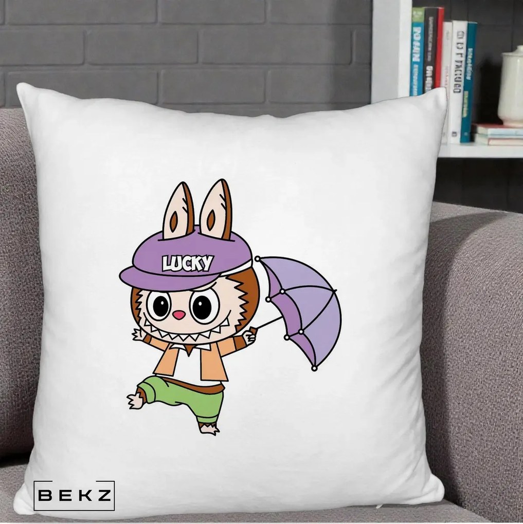 Perna Personalizata Labubu Lucky cu Umbrela, 40x40 cm, Alb Pufos, Husa Detasabila, Perna Inclusa, BEKZ®