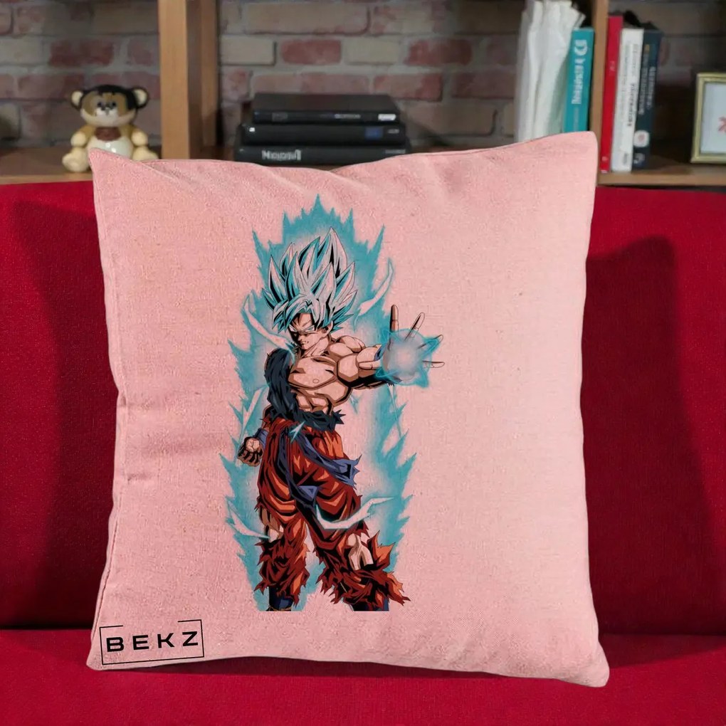 Perna Personalizata Dragon Ball Goku Ultra Instinct Blue, 40x40 cm, Roz, Husa Detasabila, Perna Inclusa, BEKZ®