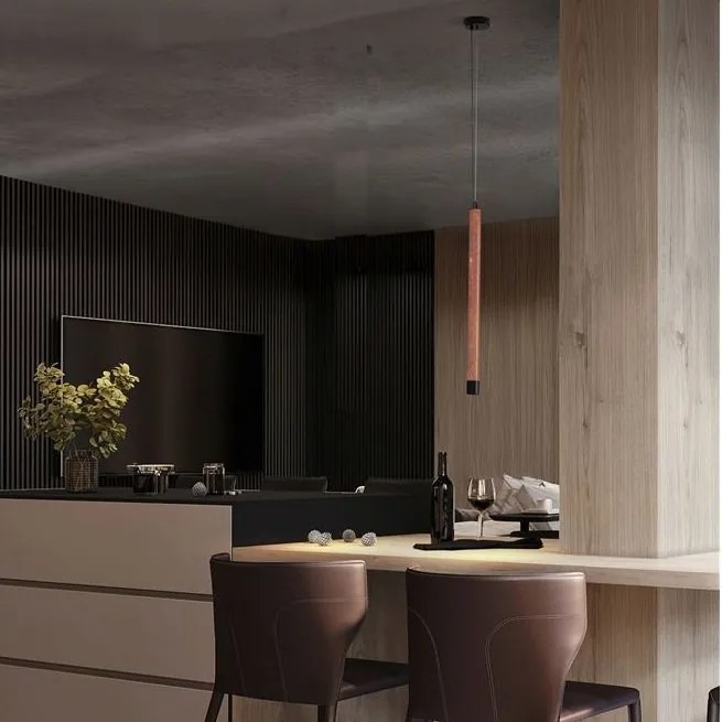 Lustra, Pendul tubular din travertin Muse metal negru